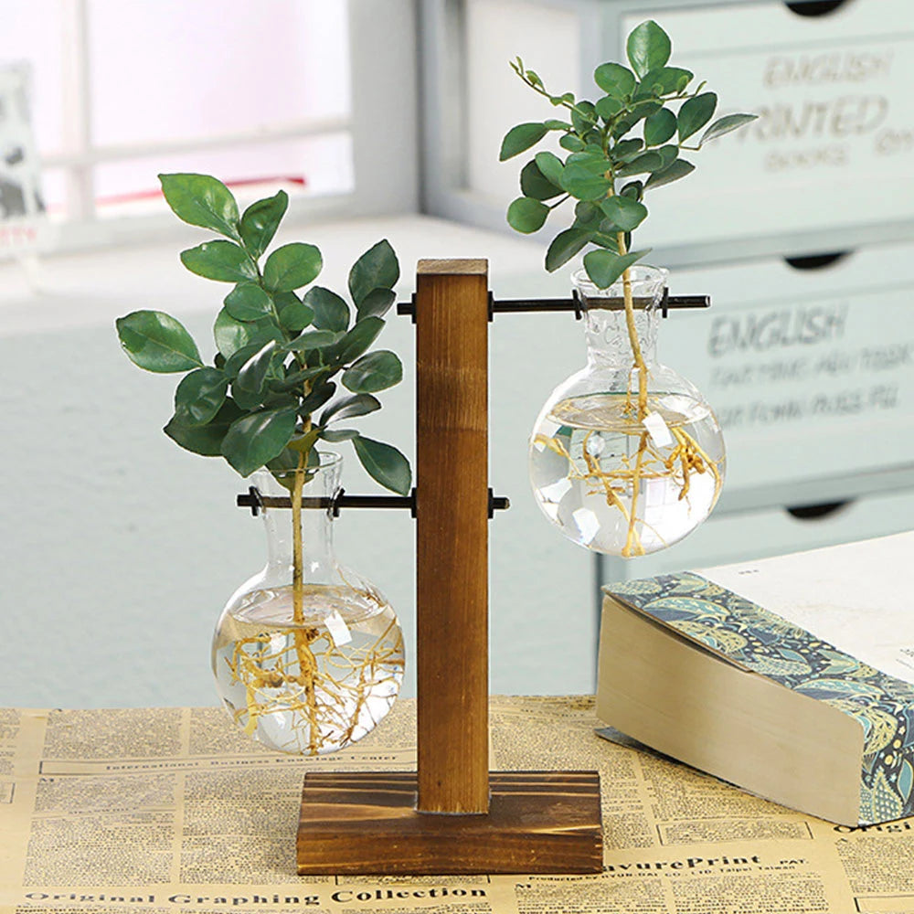 Vintage Glass Bulb Vase with Wooden Stand – Hydroponic Planter, Retro Desktop Decor for Home & Office