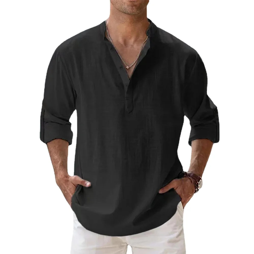 Men's Cotton-Linen Long Sleeve Beach Henley