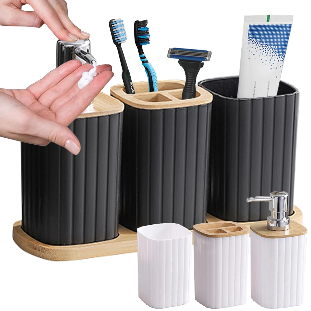 Bamboo Bathroom Soap Dispenser & Toothbrush Set