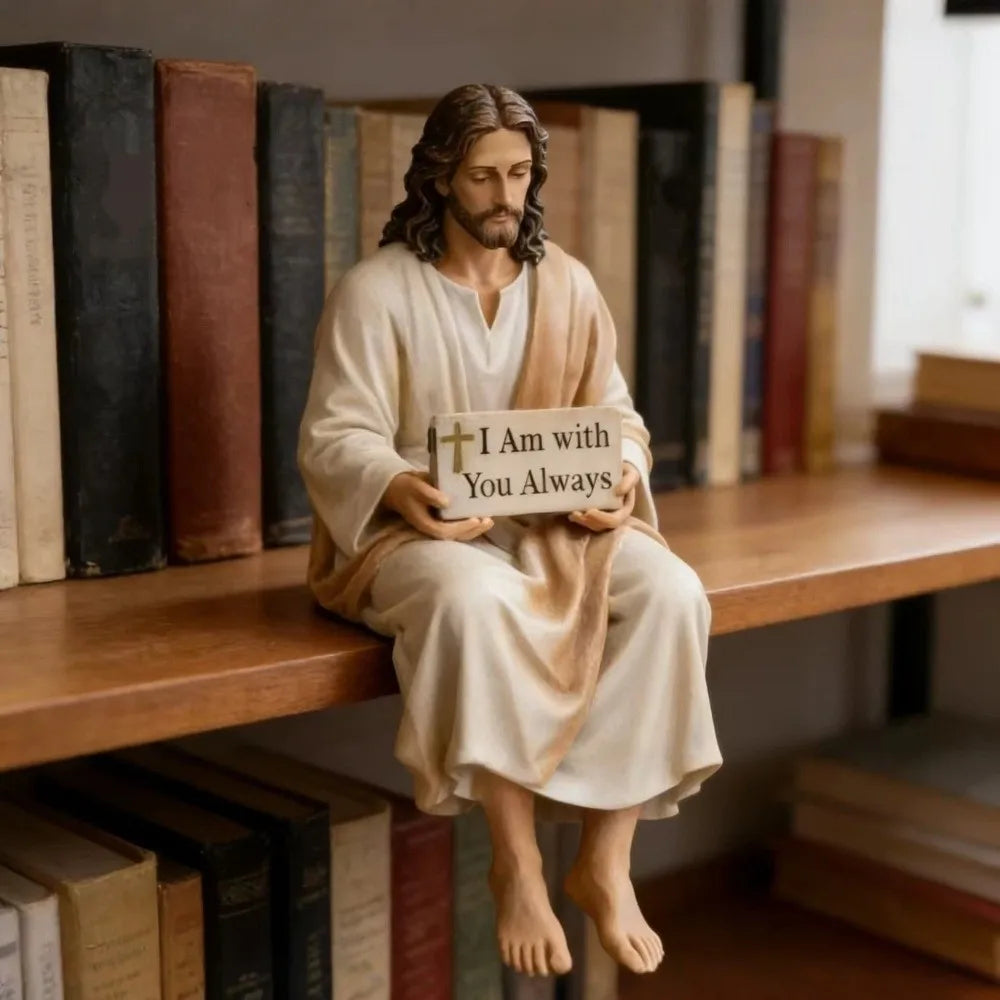 Hand Painted Jesus Figurine I Am with You Always Sitting Pose Resin Jesus Ornament Handmade Unique Jesus Christ Statue