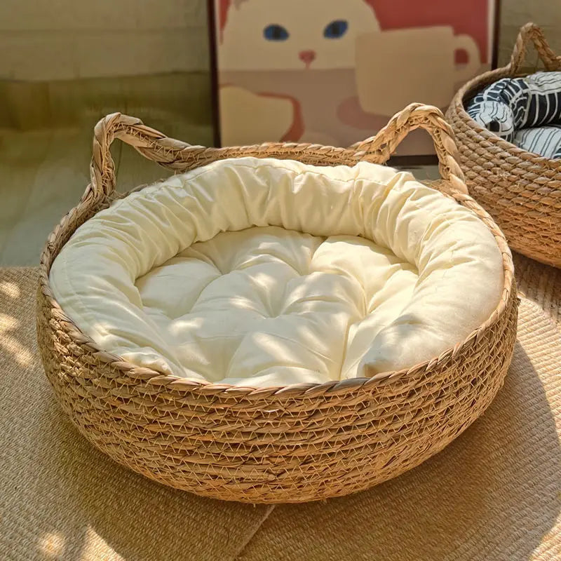 Rattan Weave Cat Basket Bed – Soft Cushion, Warm & Cozy, 35–40cm