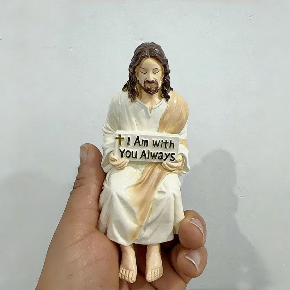 Hand Painted Jesus Figurine I Am with You Always Sitting Pose Resin Jesus Ornament Handmade Unique Jesus Christ Statue