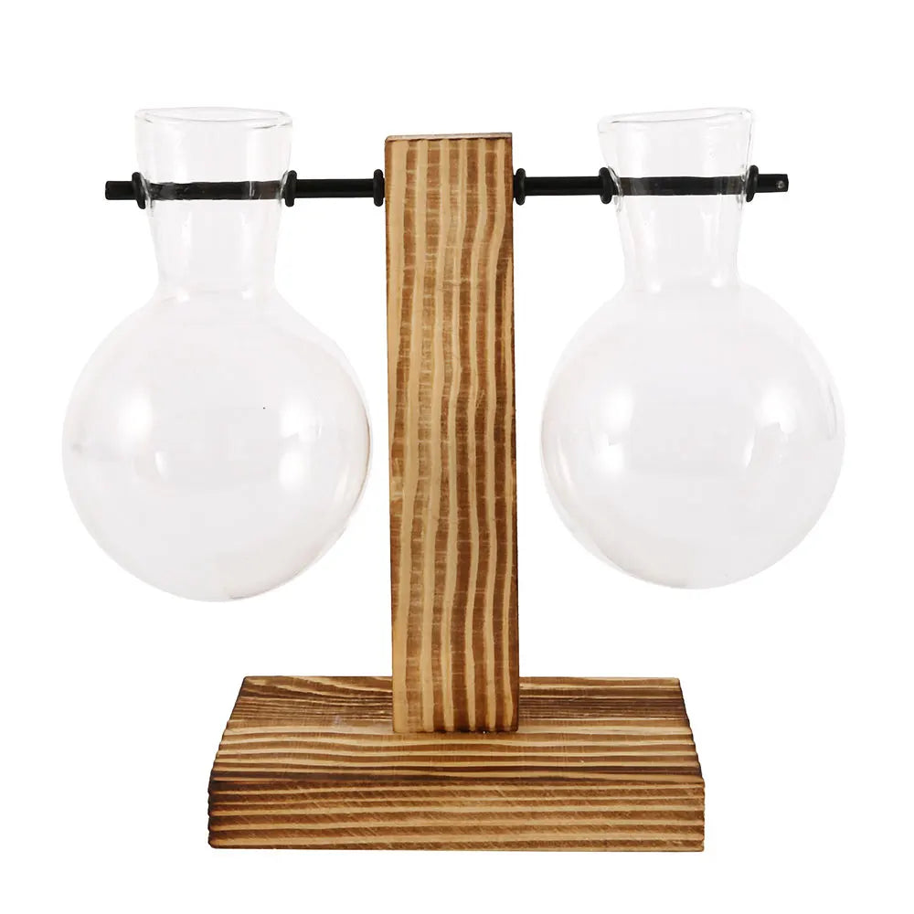 Vintage Glass Bulb Vase with Wooden Stand – Hydroponic Planter, Retro Desktop Decor for Home & Office