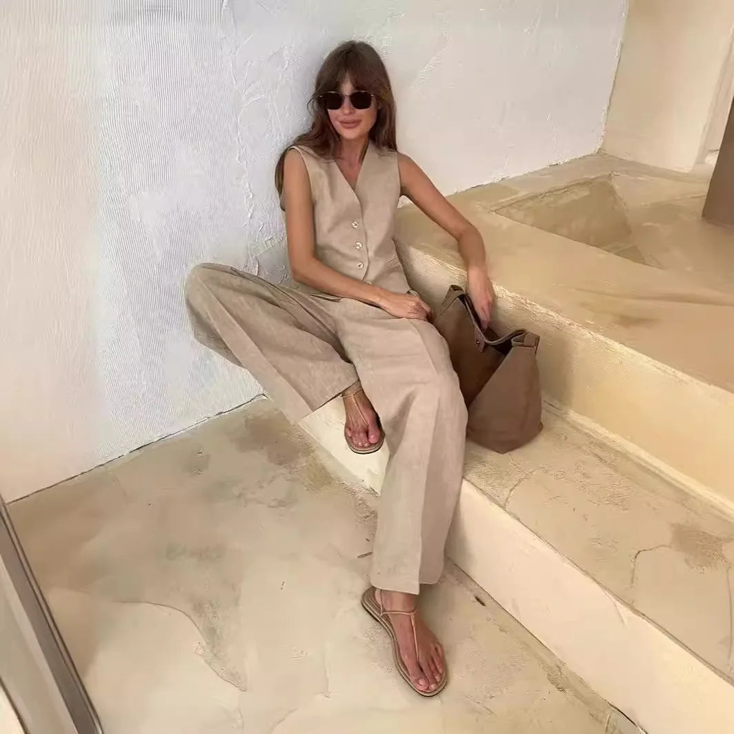 Women's Linen-Cotton Vest & Pants 2-Piece Set