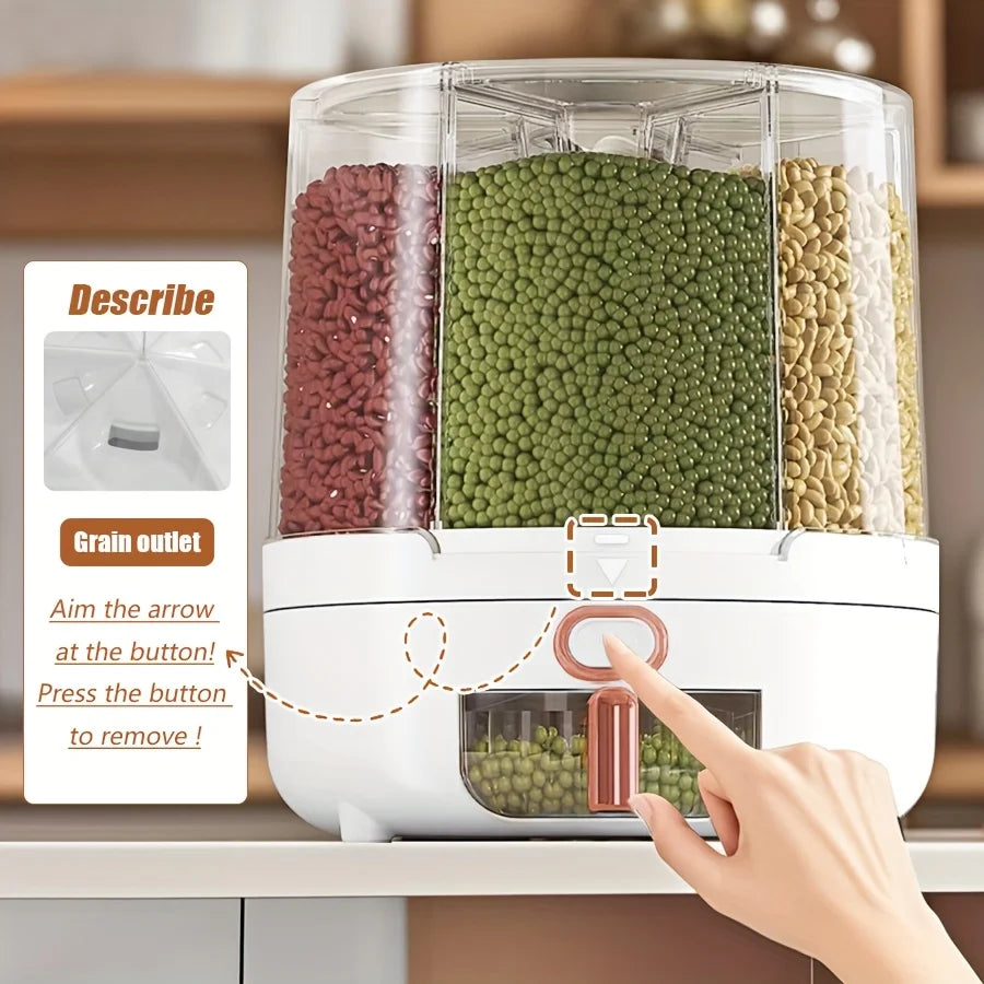 6‑Compartment 360° Rotating Airtight Food Storage Container Moisture‑Proof Cereal Rice Candy Kitchen Pantry Dry Snack Organizer