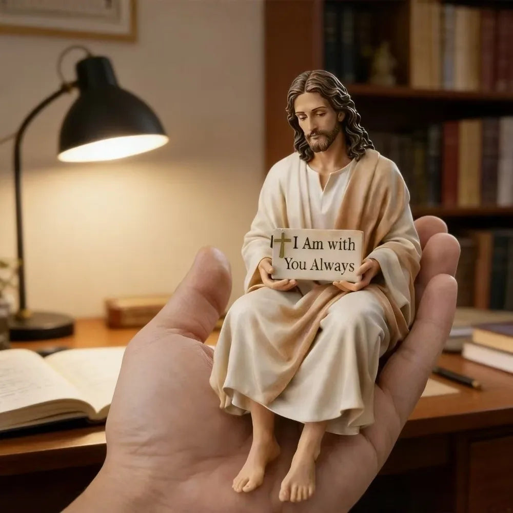 Hand Painted Jesus Figurine I Am with You Always Sitting Pose Resin Jesus Ornament Handmade Unique Jesus Christ Statue