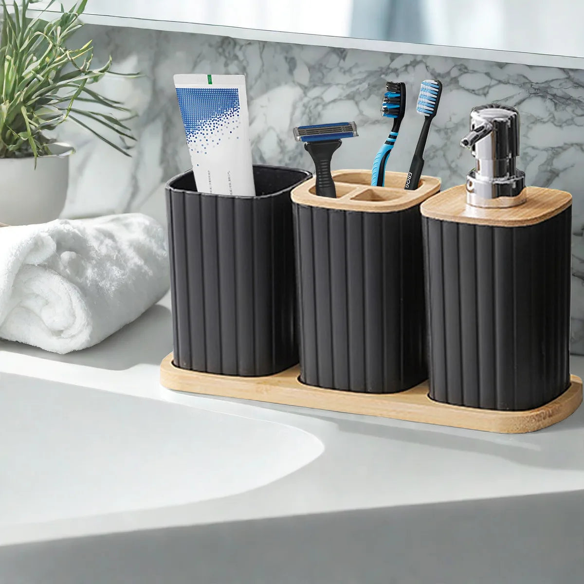 Bamboo Bathroom Soap Dispenser & Toothbrush Set