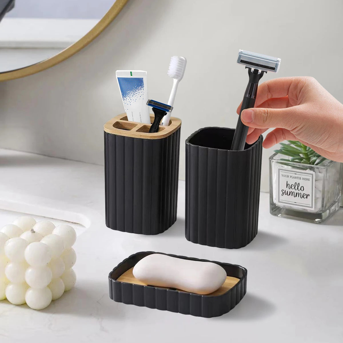Bamboo Bathroom Soap Dispenser & Toothbrush Set