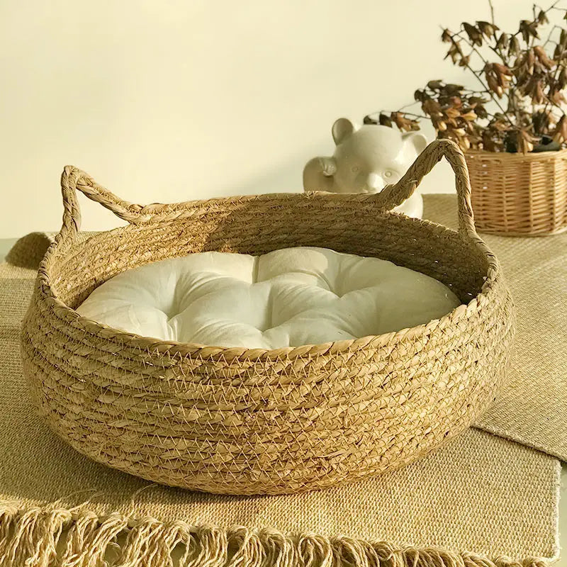 Rattan Weave Cat Basket Bed – Soft Cushion, Warm & Cozy, 35–40cm