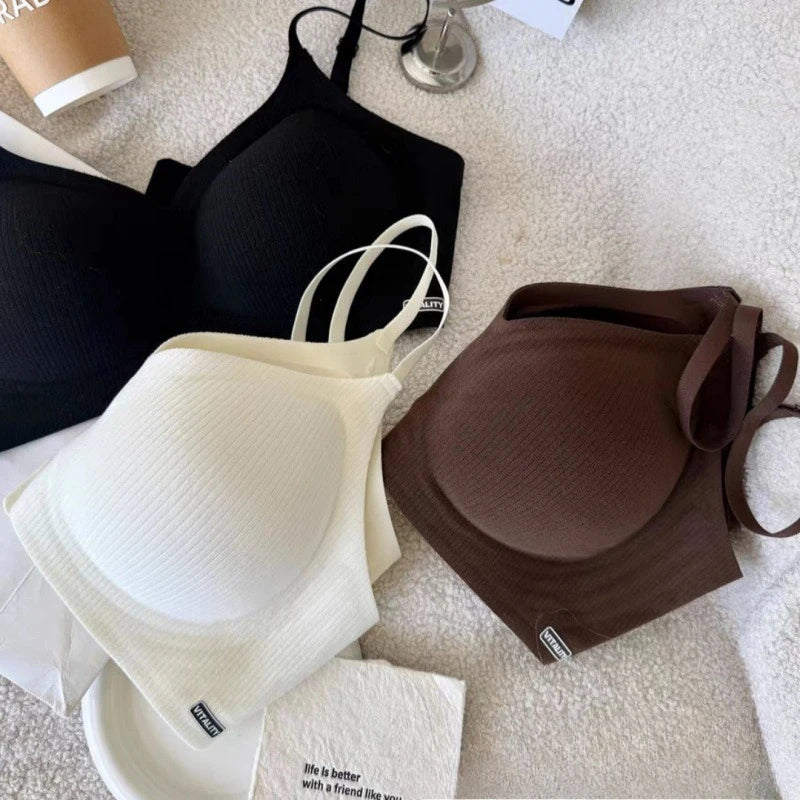 Ribbed Seamless Wireless Bra Women Thin Soft Padded No Underwire Adjustable Strap Comfort Daily Push Up Lingerie Underwear
