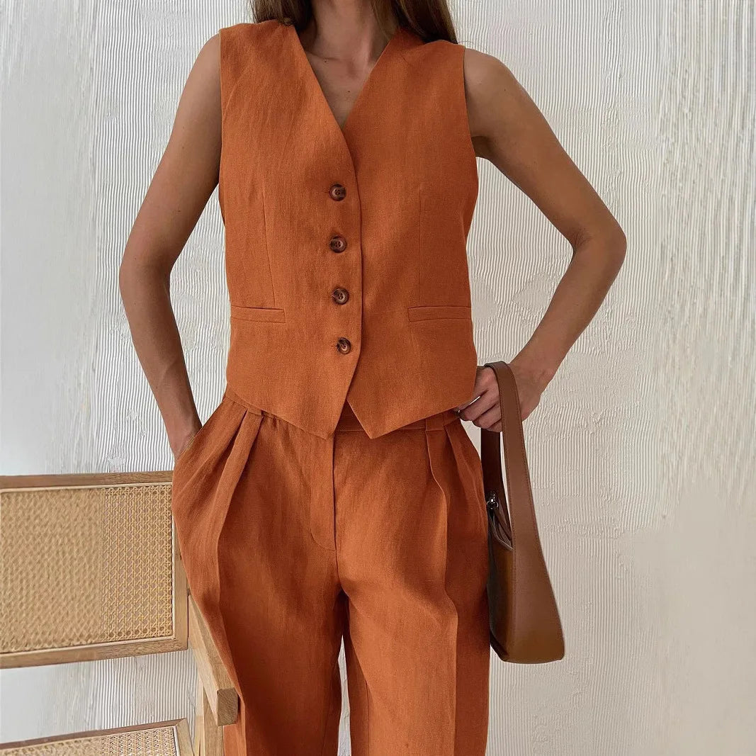 Women's Linen-Cotton Vest & Pants 2-Piece Set