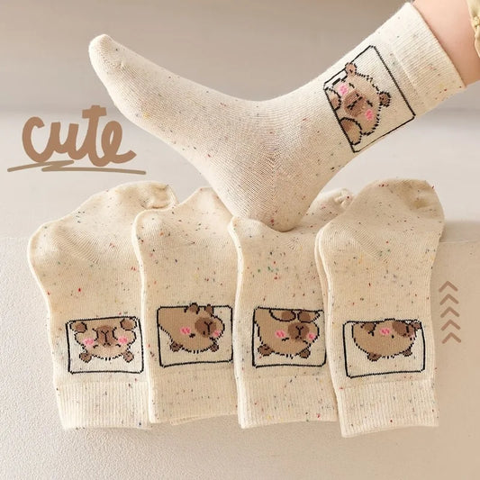 5-Pair of Kids' Sock Featuring Adorable Capybara Cartoon Prints,These Cute Styled Sock Are Ideal for School Days,Fall And Winter