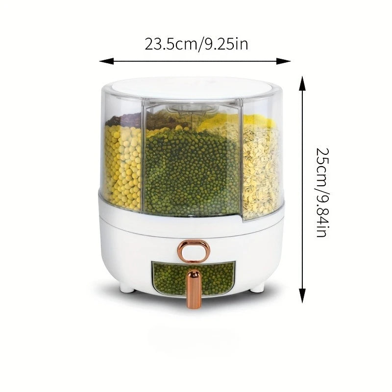6‑Compartment 360° Rotating Airtight Food Storage Container Moisture‑Proof Cereal Rice Candy Kitchen Pantry Dry Snack Organizer