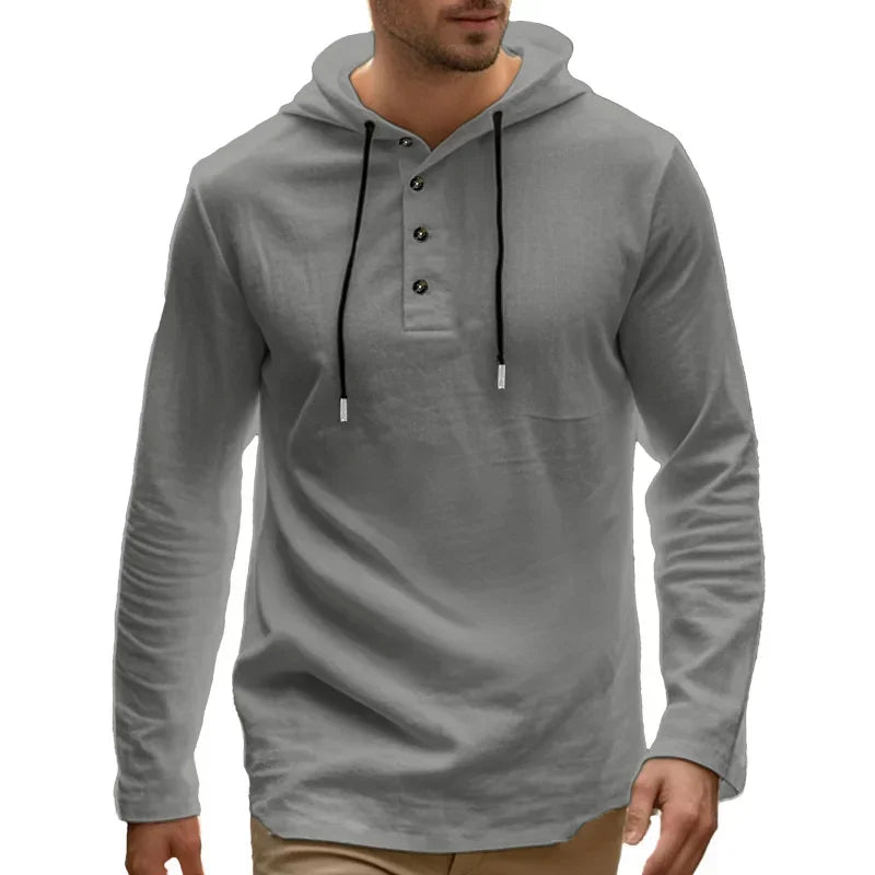 Men's Hooded Cotton-Linen Henley Shirt