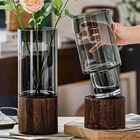 Elegant Glass Vase with Wooden Base – Hydroponic Plant Display, Modern Tabletop Home Decor