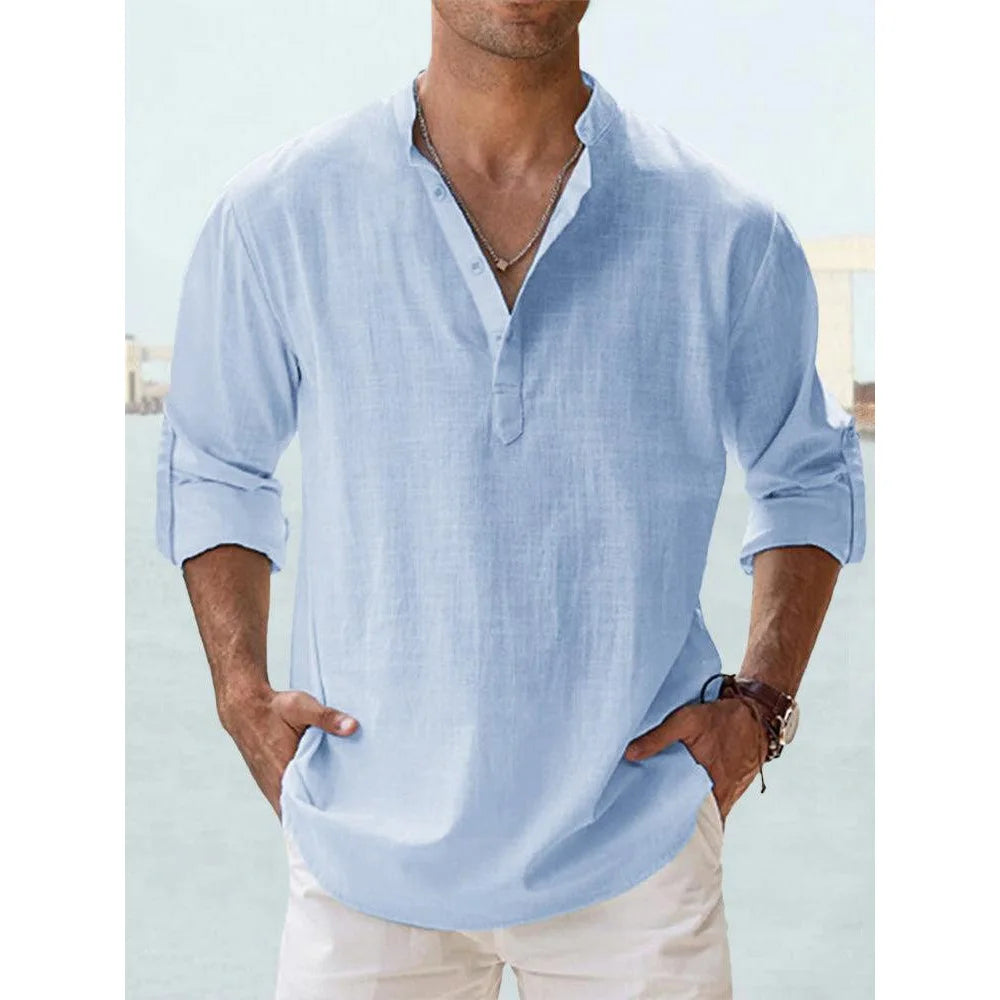 Men's Cotton-Linen Long Sleeve Beach Henley