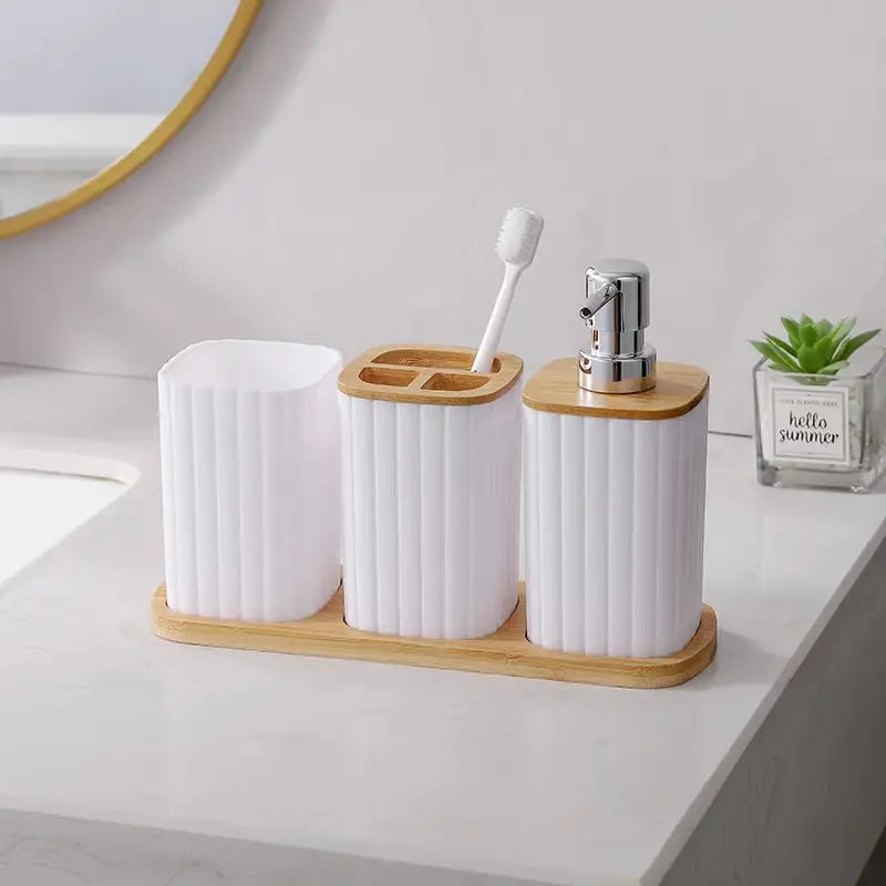 Bamboo Bathroom Soap Dispenser & Toothbrush Set