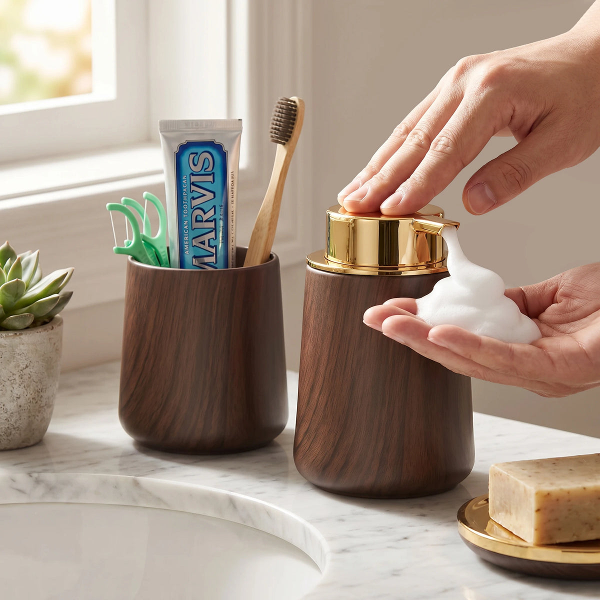 Luxury Bathroom Accessories Set – Refillable Soap Dispenser & Toothbrush Holder, Modern Farmhouse Decor