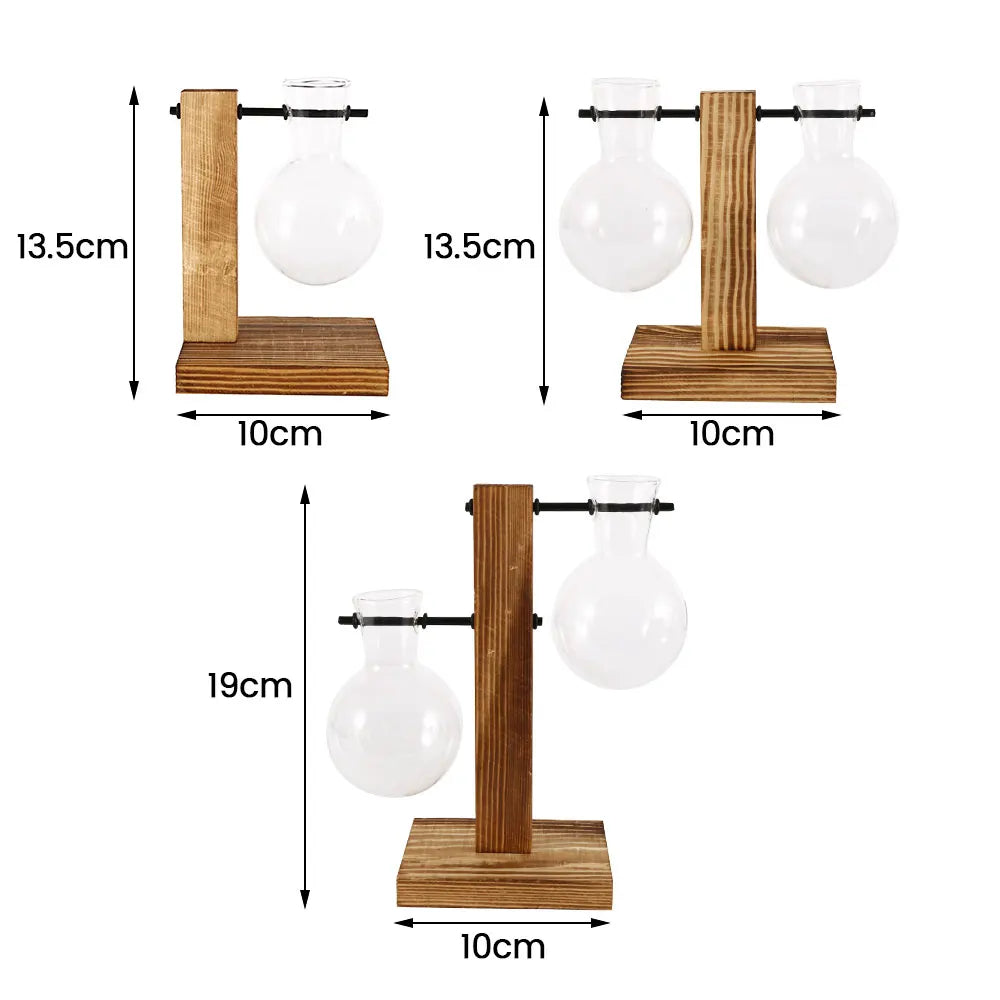 Vintage Glass Bulb Vase with Wooden Stand – Hydroponic Planter, Retro Desktop Decor for Home & Office