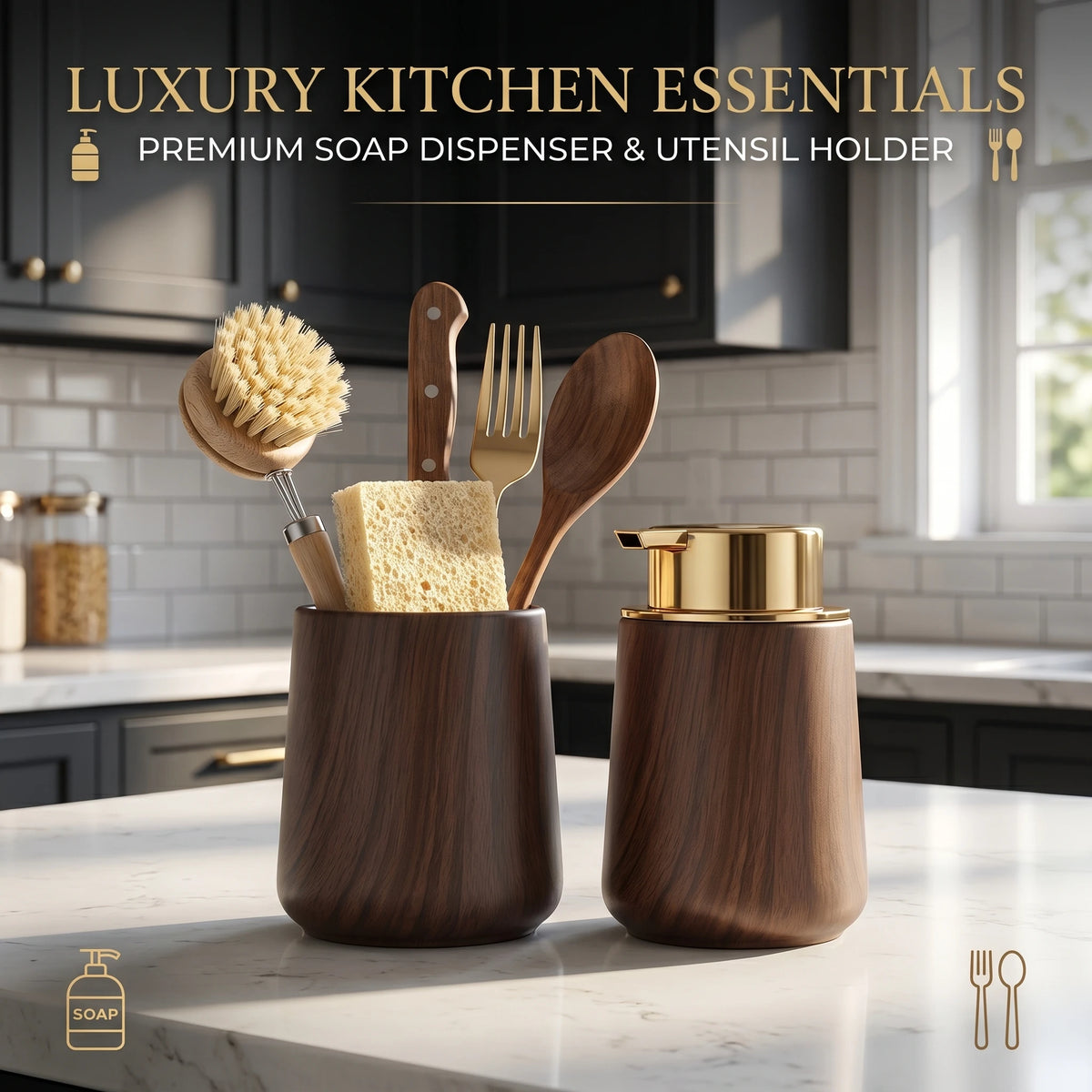 Luxury Bathroom Accessories Set – Refillable Soap Dispenser & Toothbrush Holder, Modern Farmhouse Decor