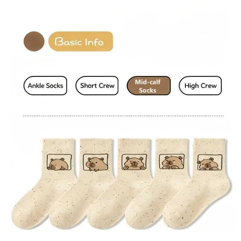 5-Pair of Kids' Sock Featuring Adorable Capybara Cartoon Prints,These Cute Styled Sock Are Ideal for School Days,Fall And Winter