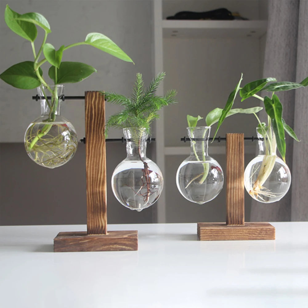 Vintage Glass Bulb Vase with Wooden Stand – Hydroponic Planter, Retro Desktop Decor for Home & Office
