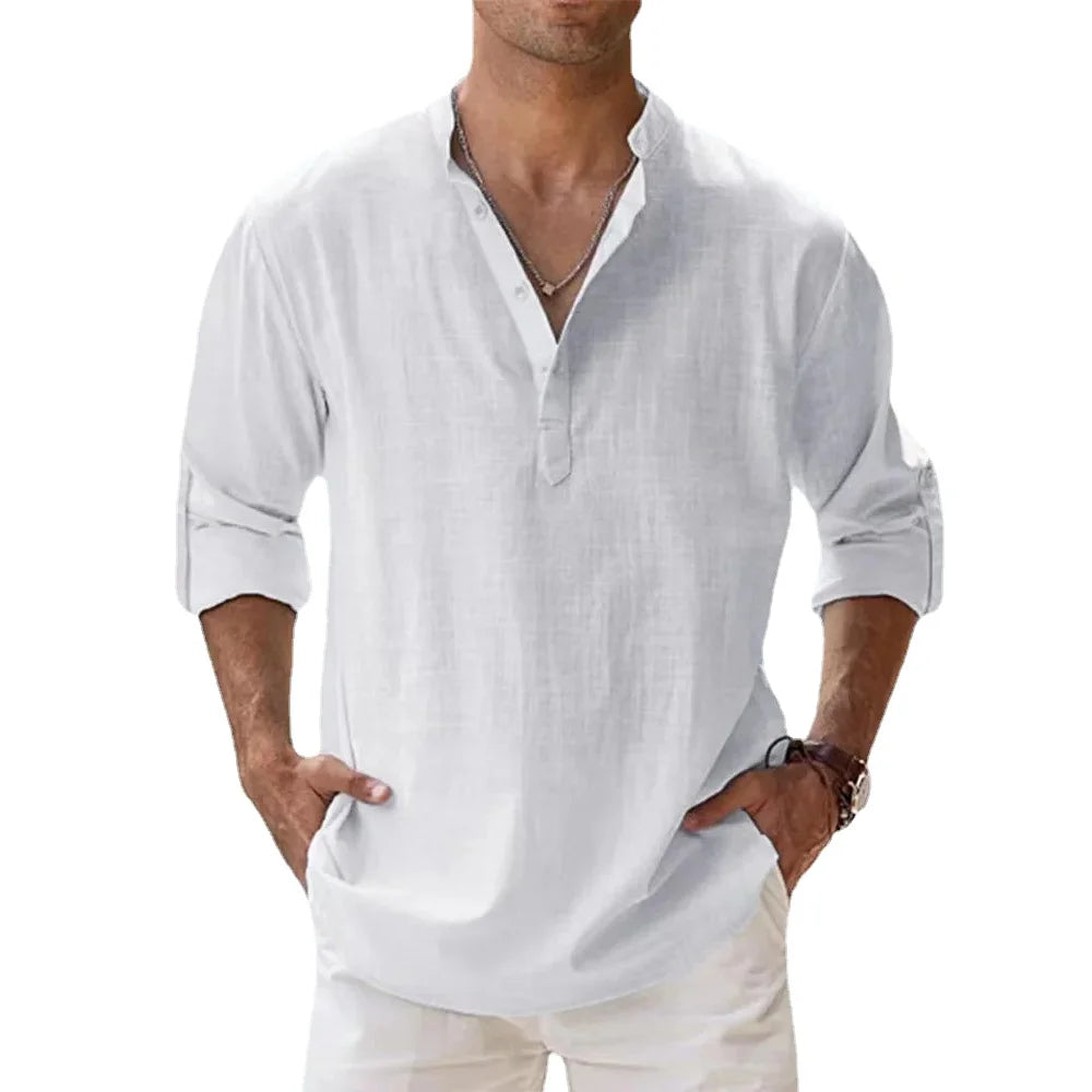 Men's Cotton-Linen Long Sleeve Beach Henley
