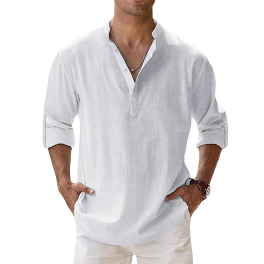 Men's Cotton-Linen Long Sleeve Beach Henley