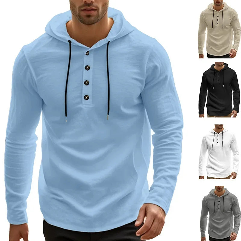 Men's Hooded Cotton-Linen Henley Shirt